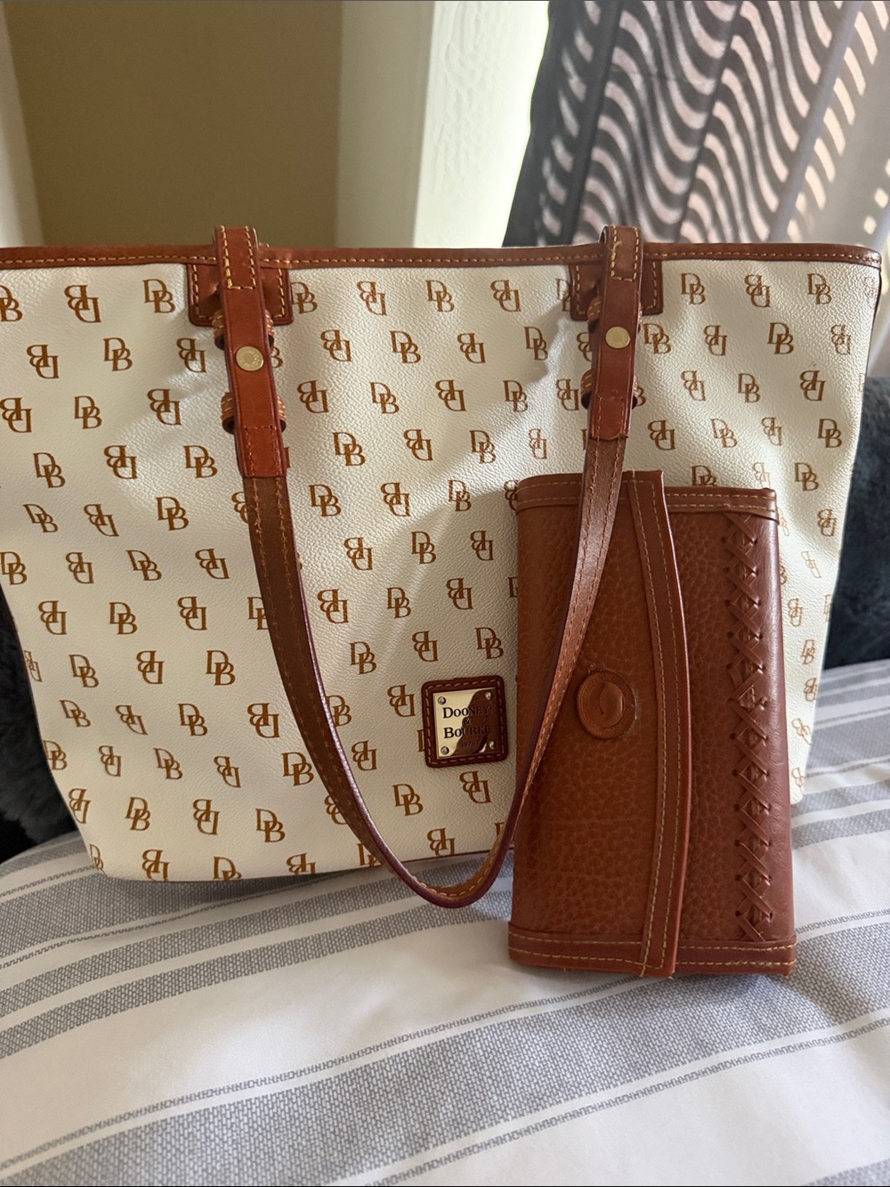 Dooney & Bourke White and Brown Logo Tote with Brown Wallet